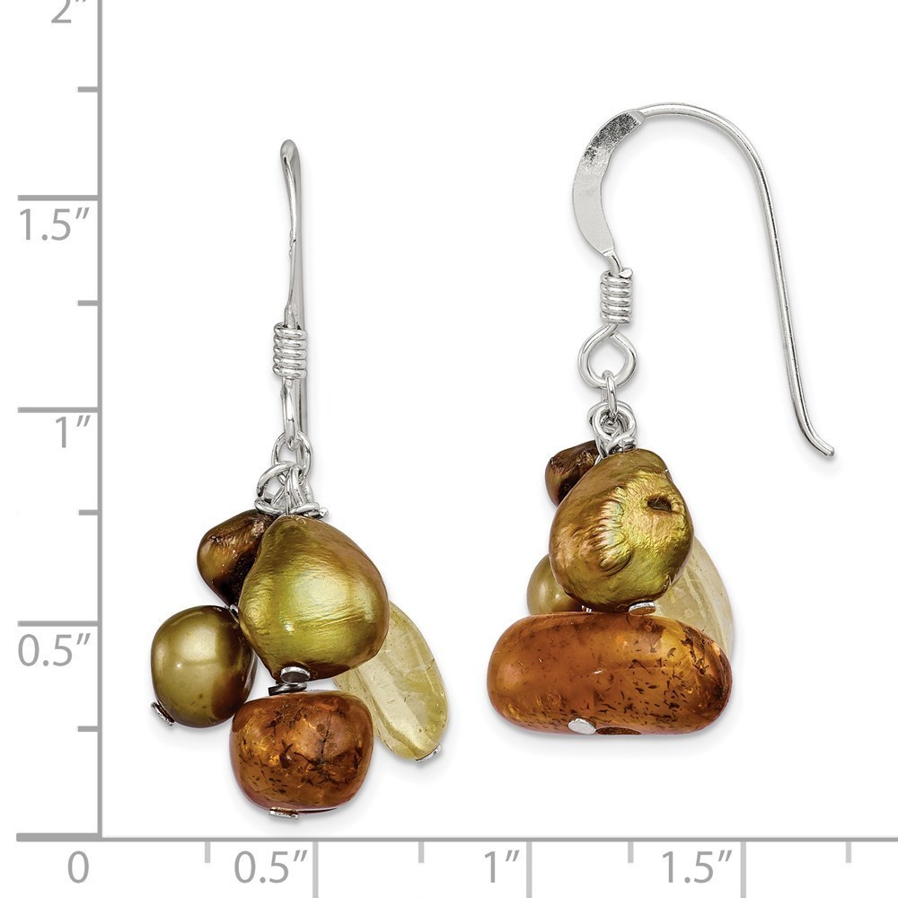 925 Sterling Silver Amber, Citrine FW Cultured Pearl Dangle Earrings 36 x 21 mm - Picture 4 of 4